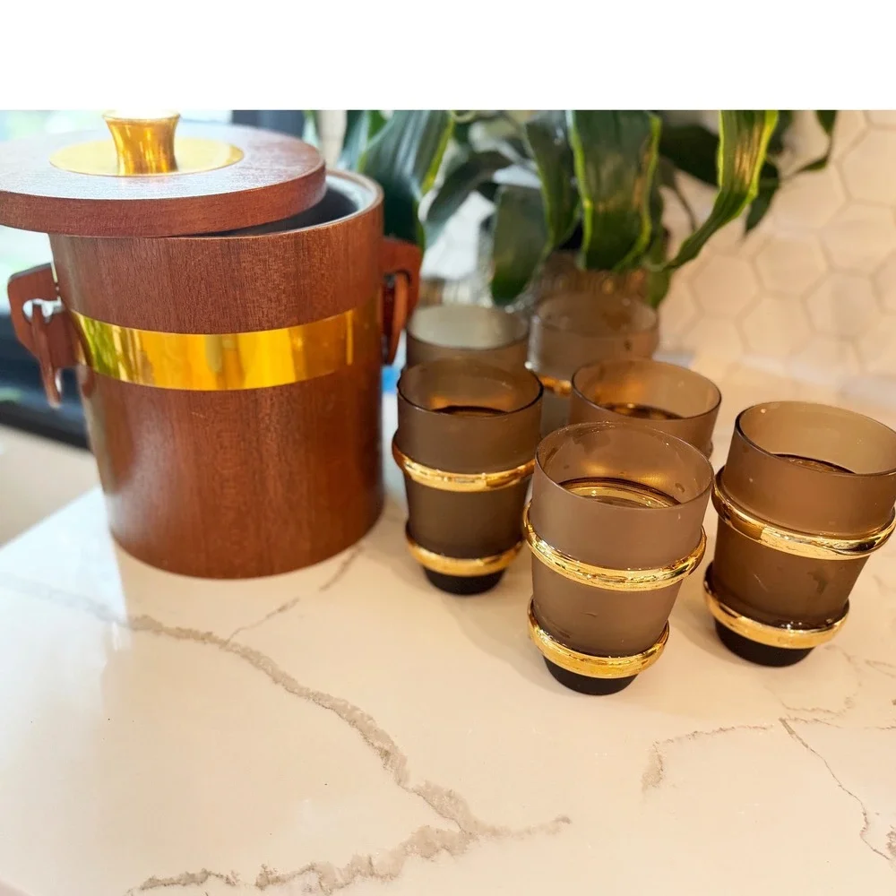 Culver Regency Frosted Gold Highball Glasses & Teak Wood Ice Bucket MCM Set